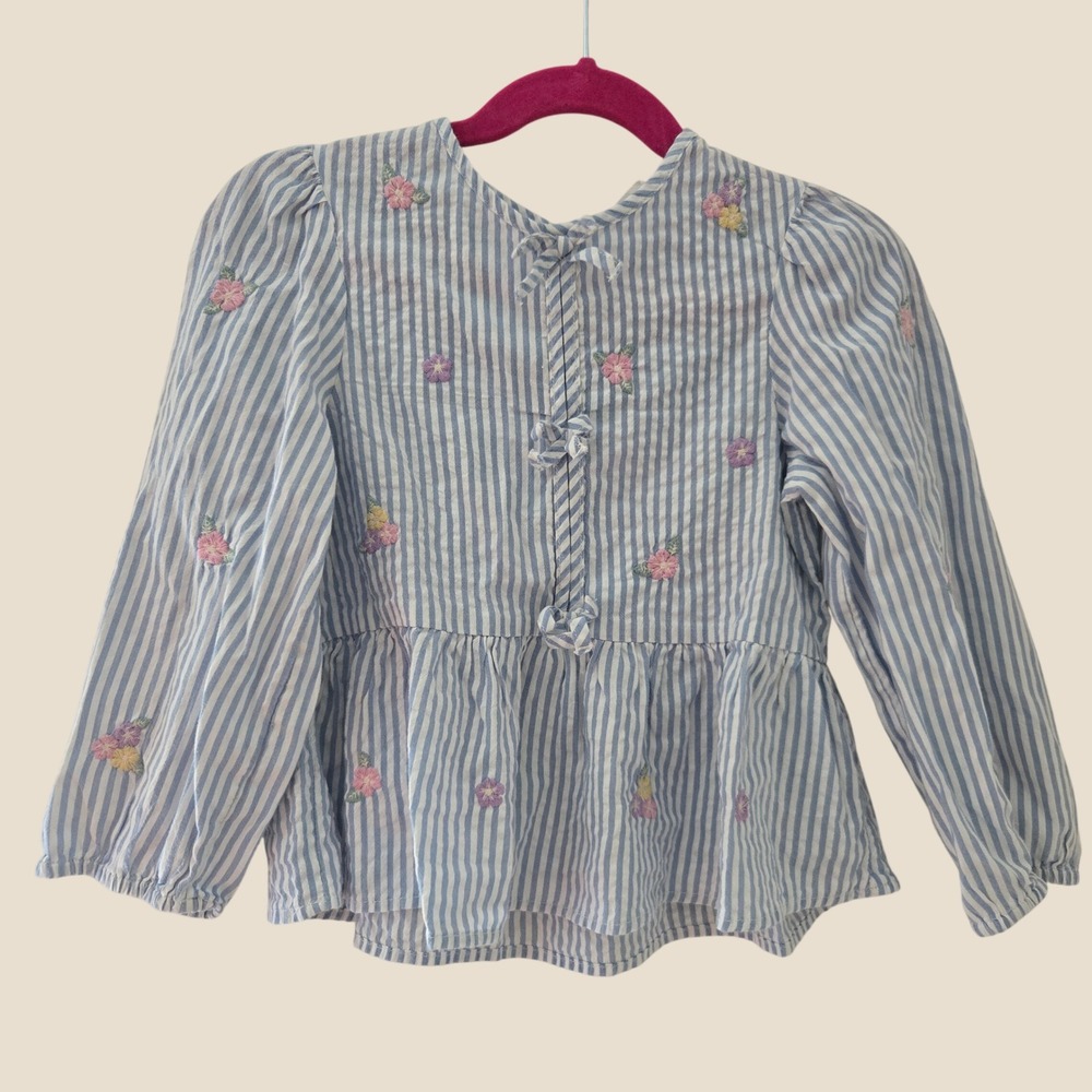 Primark Kids Blue White Striped Floral Embroidered Peplum Top Bows Size 4-5Y